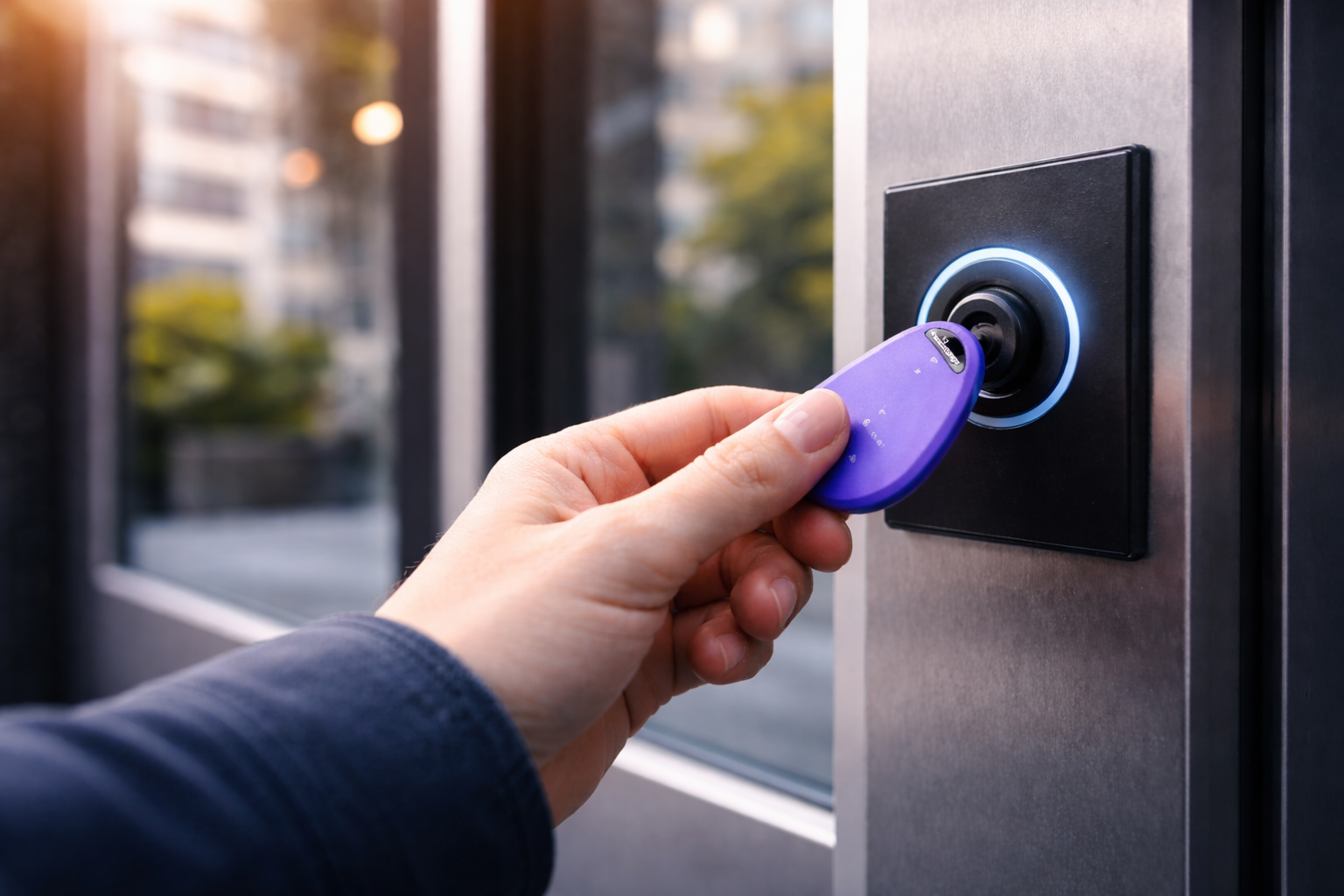 Passage d’un badge d’immeuble sur un lecteur d’entrée